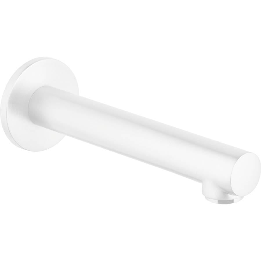 Matte white cylindrical tub spout with round wall-mounted flange and angled outlet.