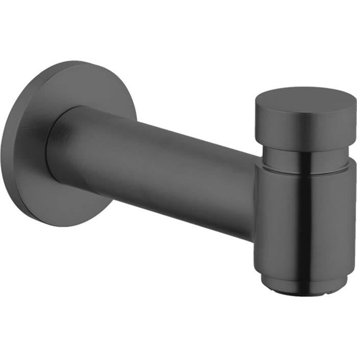 Brushed black chrome tub spout with cylindrical body, round wall flange, and diverter handle on right side.