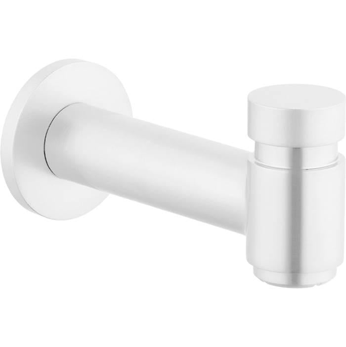 Matte white cylindrical tub spout with diverter, wall-mounted with round escutcheon plate.