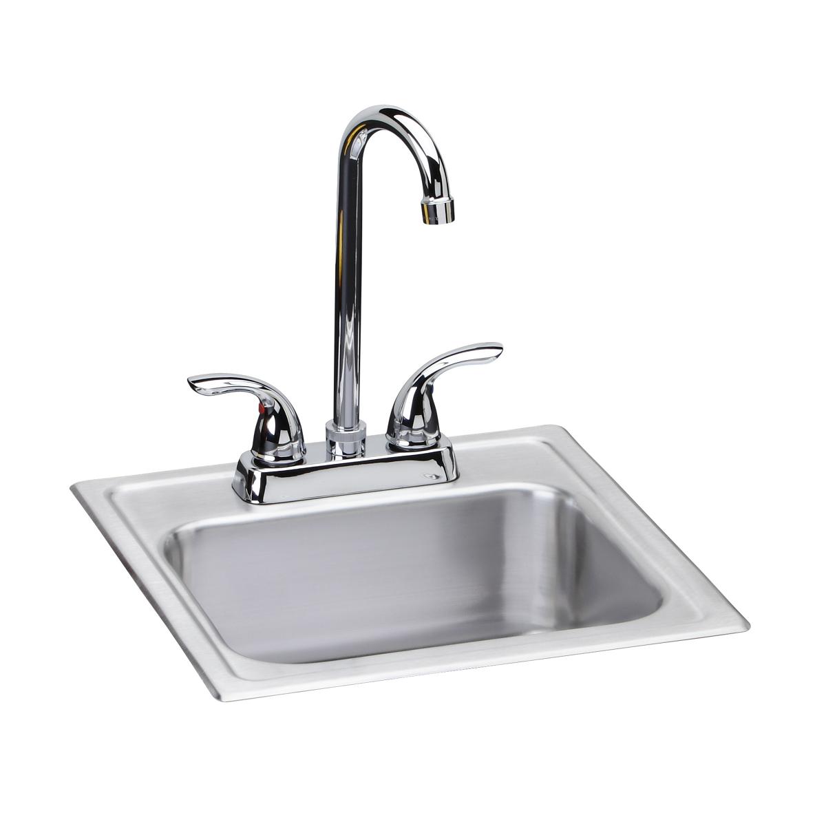 Stainless steel drop-in bar sink with chrome faucet, gooseneck spout, and dual lever handles.