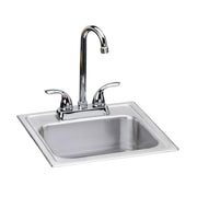 Stainless steel drop-in bar sink with chrome faucet, gooseneck spout, and dual lever handles.