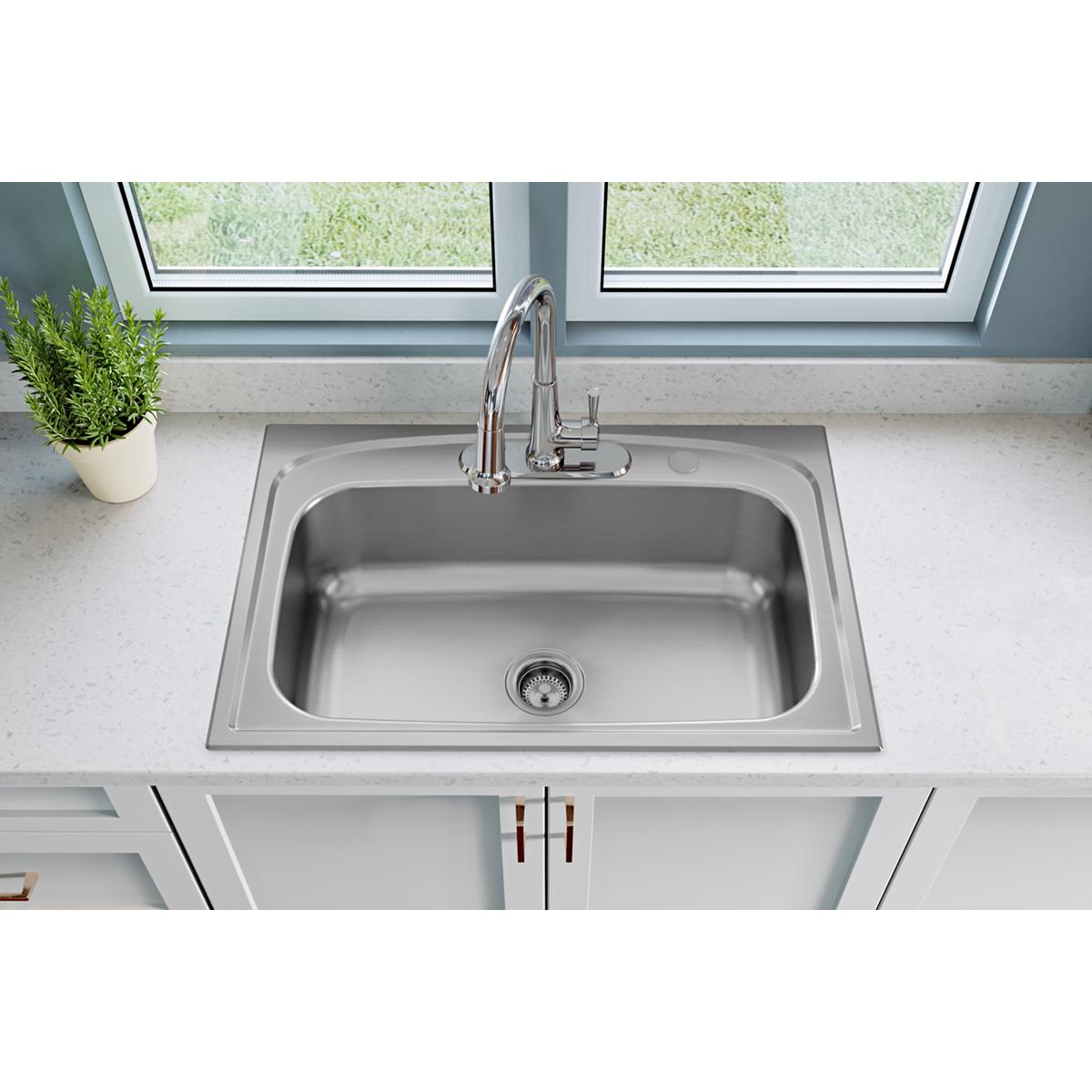 Chrome single-hole kitchen faucet with pull-down spray and forward lever handle mounted on stainless steel sink.