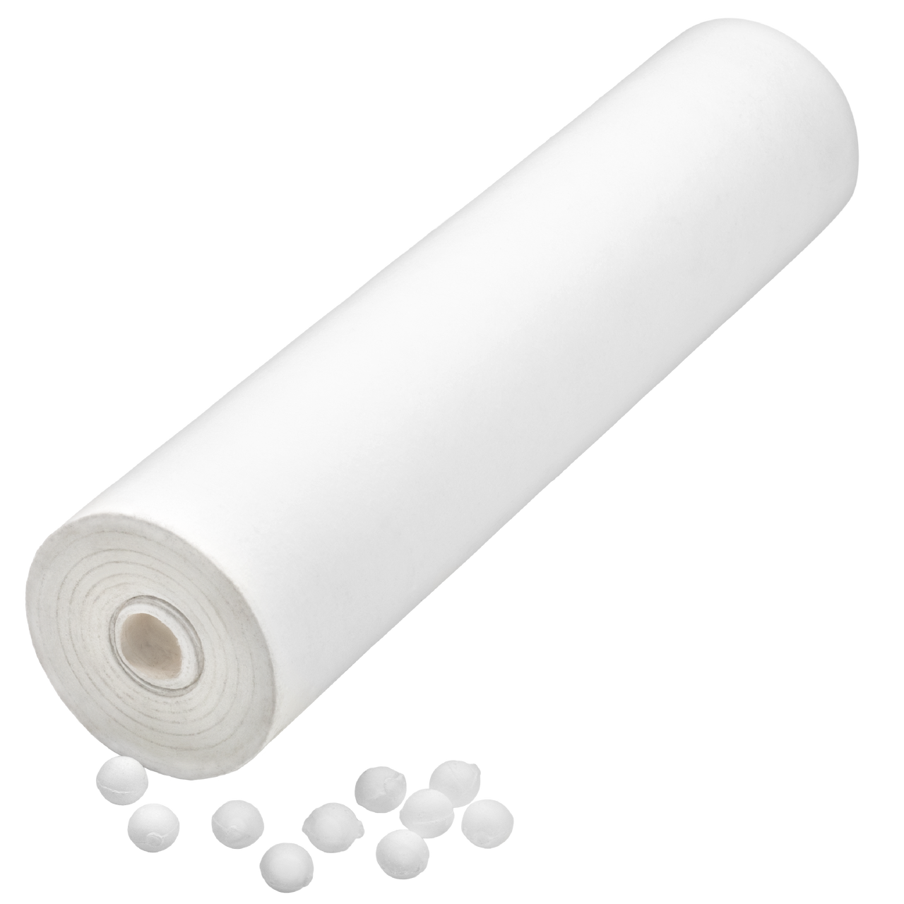 White cylindrical water filter cartridge with central core and loose white filter media balls below.