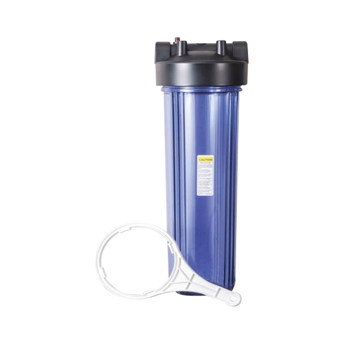 Clear blue water filter housing with black top cap, 1 inch ports, caution label, wrench, and mounting bracket.