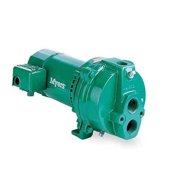Green cast iron deep well jet pump with motor attachment and multiple inlet ports on white background.