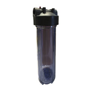 Clear cylindrical water filter housing with black top cap, threaded ports, and handle brackets.