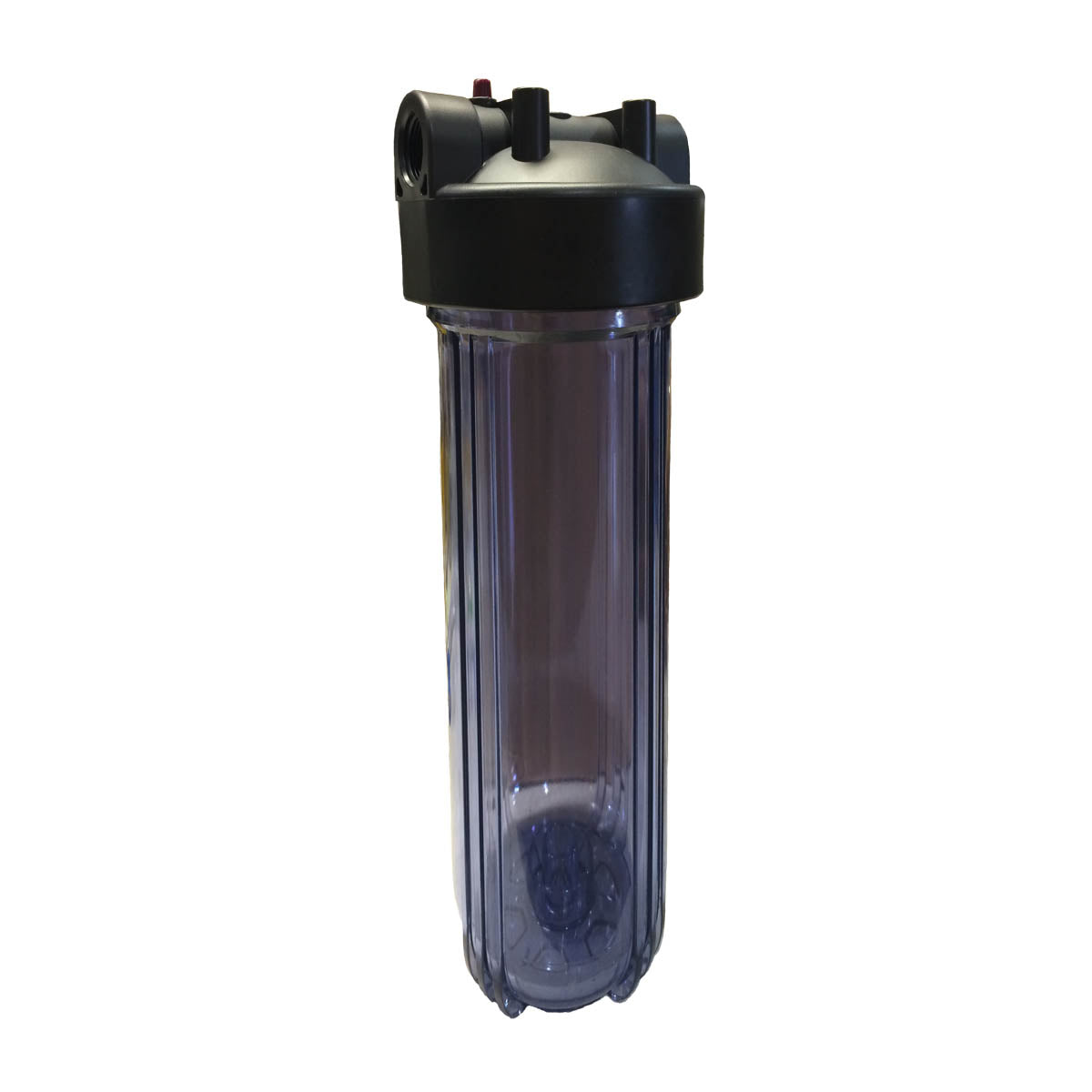 Clear cylindrical water filter housing with black top cap, threaded ports, and handle brackets.