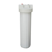 White cylindrical water filter housing with threaded cap, outlet ports, and red pressure relief button on top.