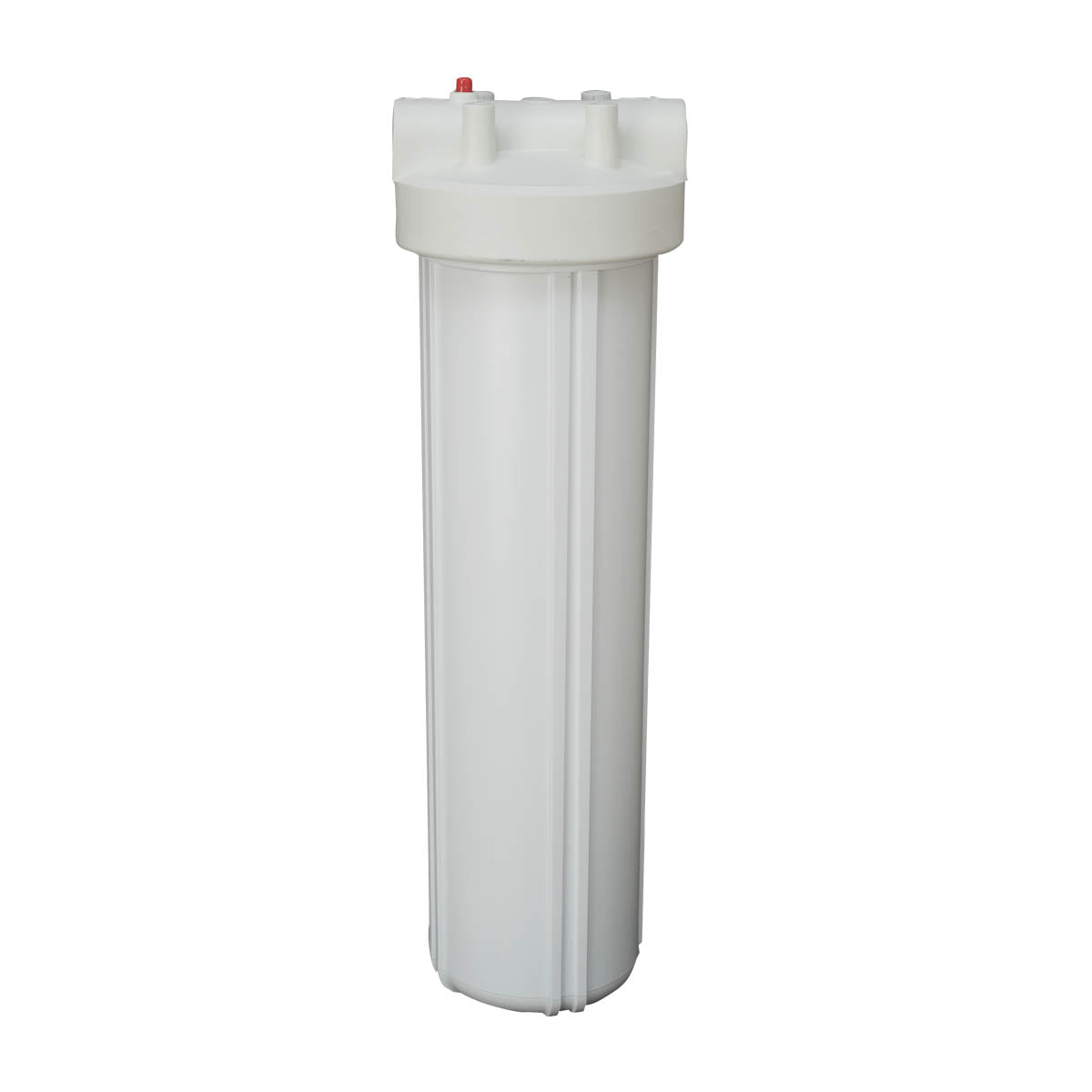 White cylindrical water filter housing with threaded cap, outlet ports, and red pressure relief button on top.