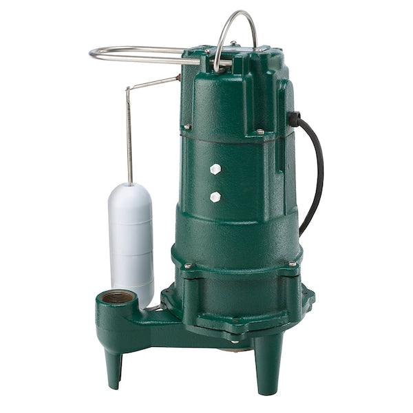 Green cast iron grinder pump with white float switch and attached power cord.