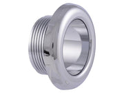 Chrome fixture box escutcheon with threaded connector and polished cylindrical opening.