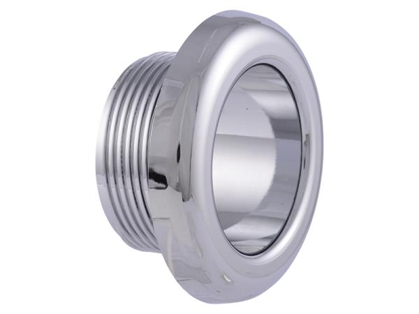 Chrome fixture box escutcheon with threaded connector and polished cylindrical opening.
