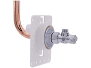 Copper compression outlet box with chrome valve fitting and wall mounting bracket connected to copper tubing.