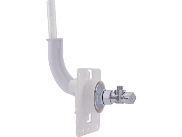 White plastic outlet box with curved inlet tube and chrome compression fixture valve connector on side.