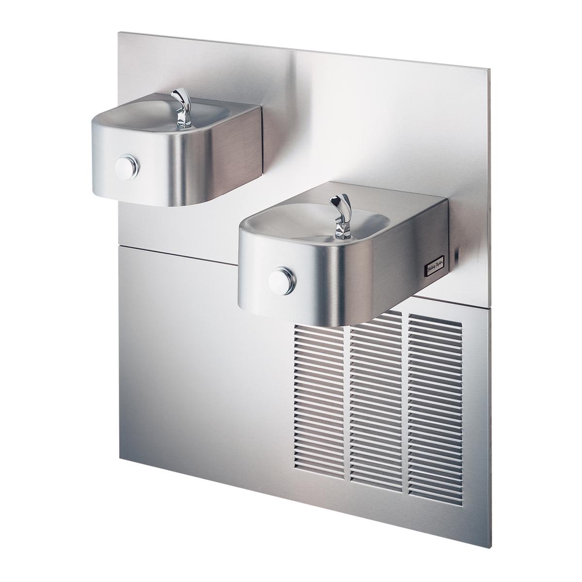 Stainless steel wall-mounted water fountain with two bowls at different heights and refrigeration unit below.