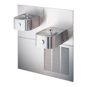 Stainless steel wall-mounted water fountain with two bowls at different heights and refrigeration unit below.