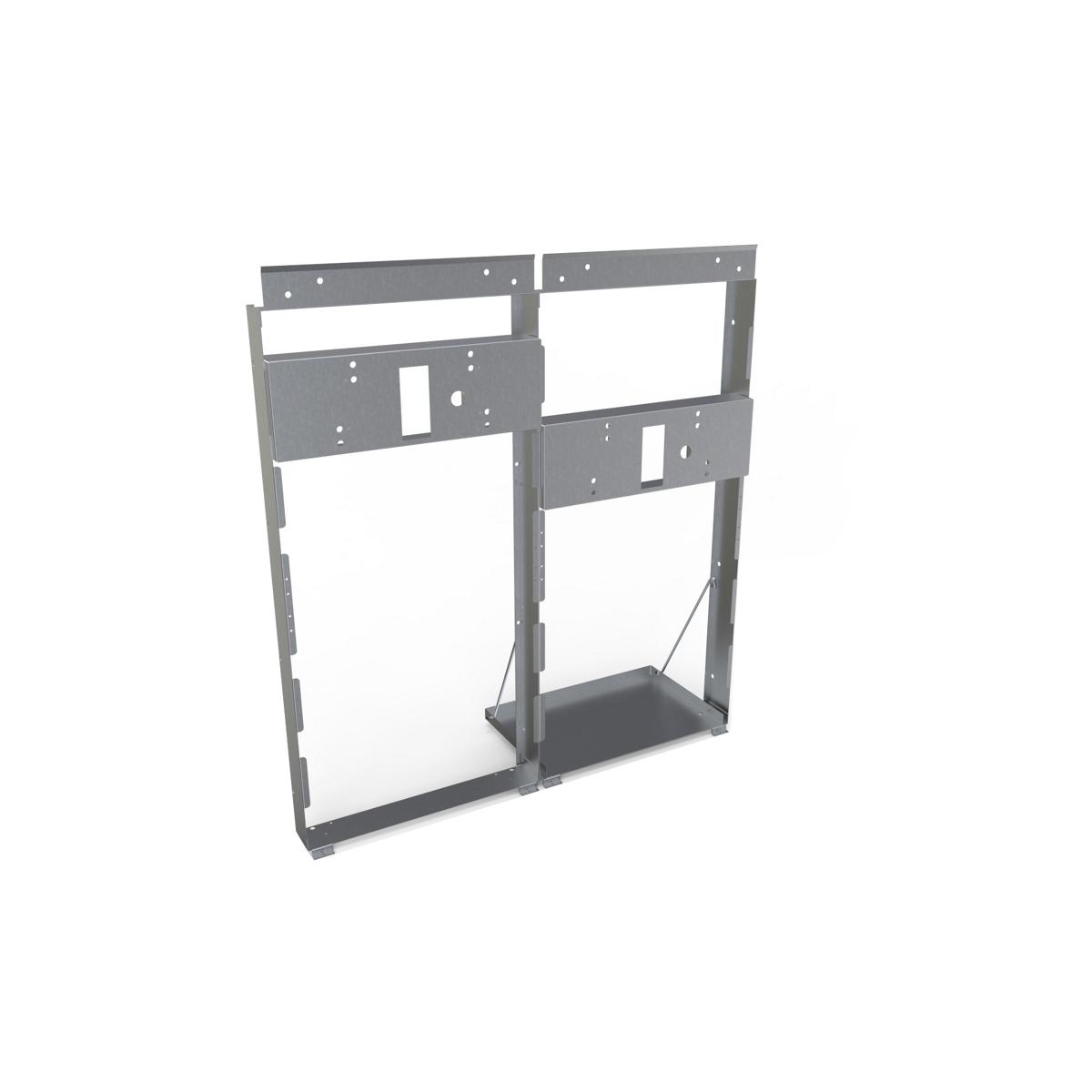 Stainless steel mounting frame with two-tier horizontal divider and mounting holes for in-wall refrigerated cooler installati