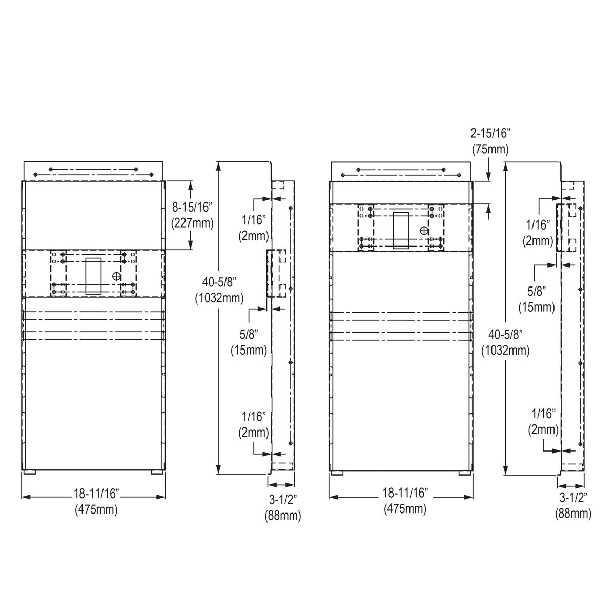 Technical dimension drawings of bi-level in-wall mounting frame with measurements in inches and millimeters.