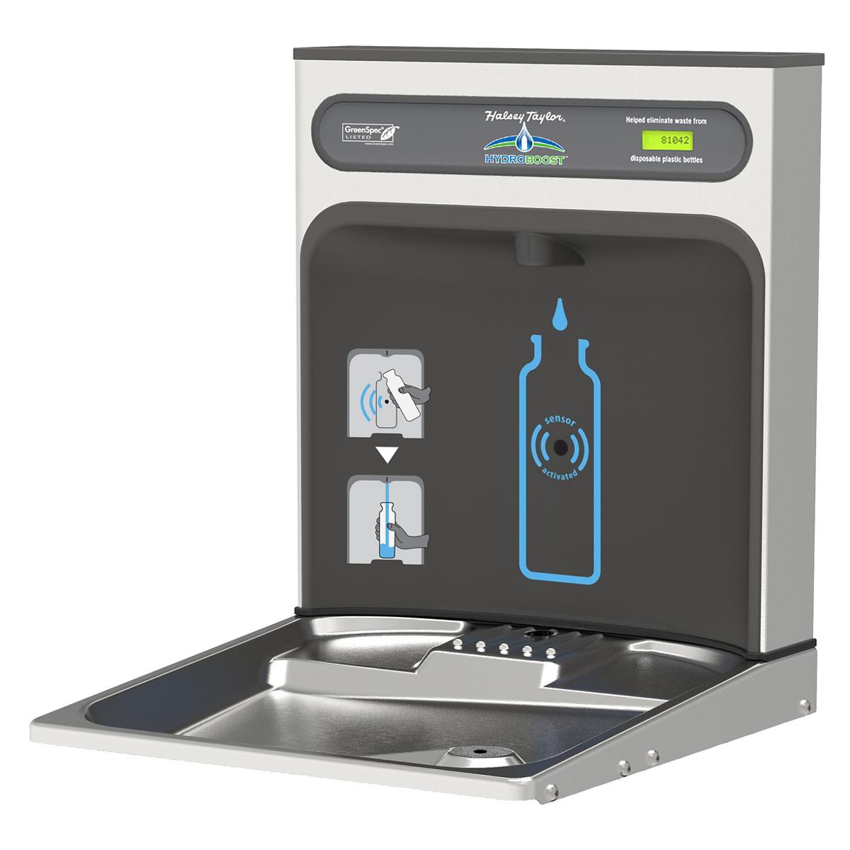 Elkay Halsey Taylor HydroBoost bottle filling station with dark front panel, stainless steel basin, and sensor-activated disp