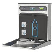 Elkay Halsey Taylor HydroBoost bottle filling station with dark front panel, stainless steel basin, and sensor-activated disp