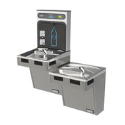Platinum vinyl bi-level water cooler and bottle filling station with upper spout and lower basin-style drinking fountain.