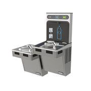 Elkay drinking fountain with dual-level water dispensers and bottle filling station in platinum finish.