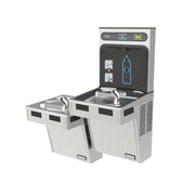 Stainless steel dual-level water cooler with bottle filling station and bi-level drinking fountains.