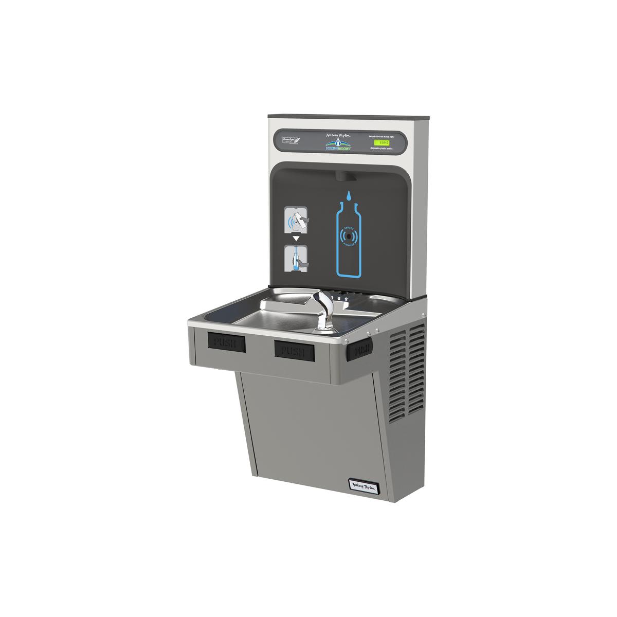 Platinum stainless steel water cooler and bottle filling station with digital display and single drinking fountain basin.