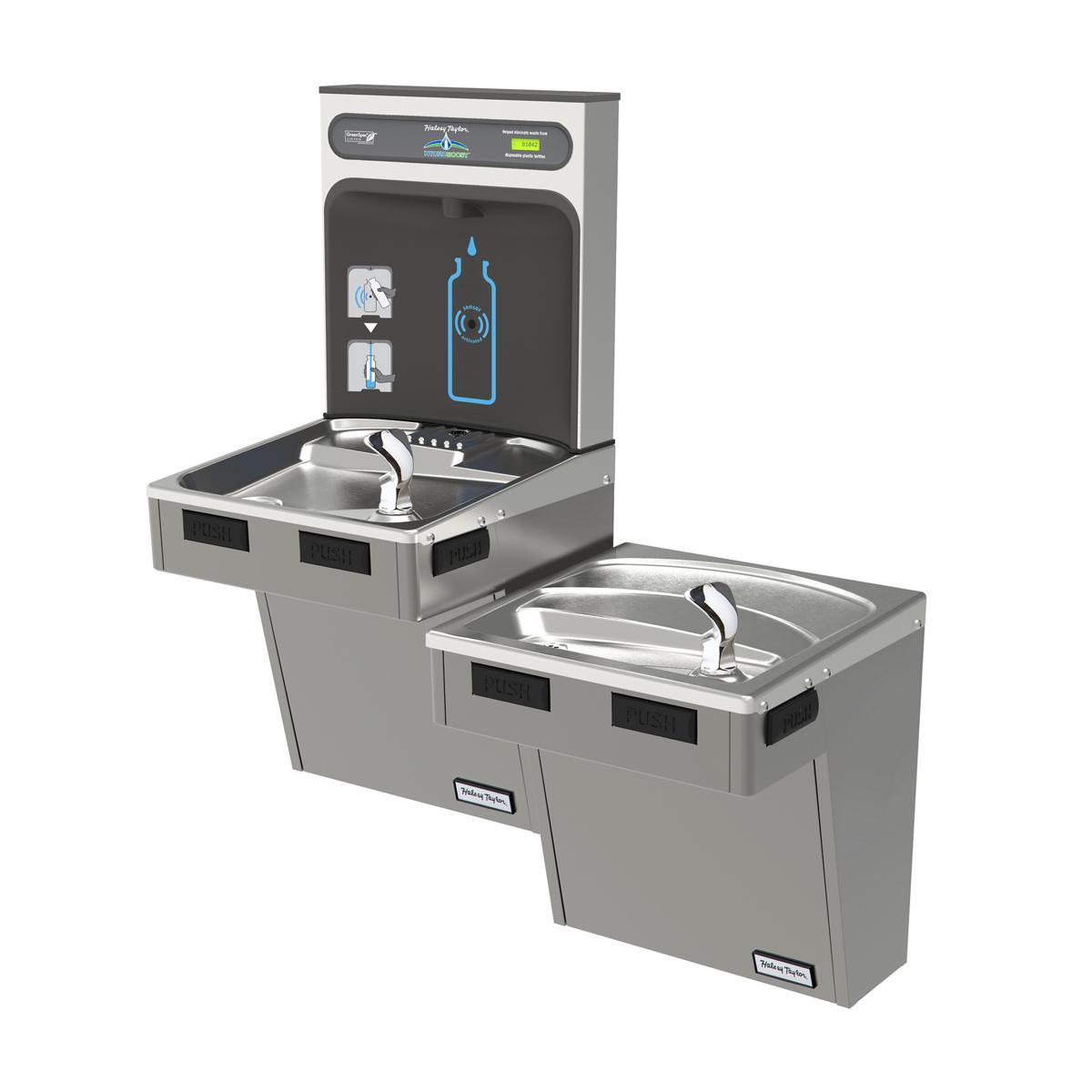 Stainless steel bi-level water fountain with upper bottle filling station and lower drinking basin, featuring digital display