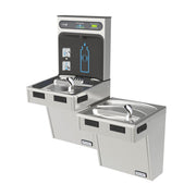 Stainless steel bi-level water cooler and bottle filling station with upper bottle filler and lower drinking fountain.