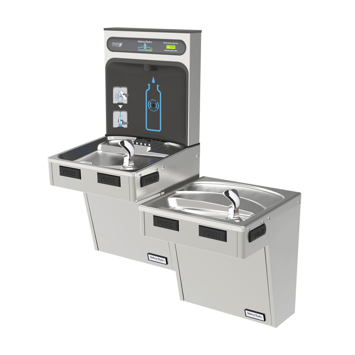 Stainless steel bi-level water cooler and bottle filling station with upper bottle filler and lower drinking fountain.