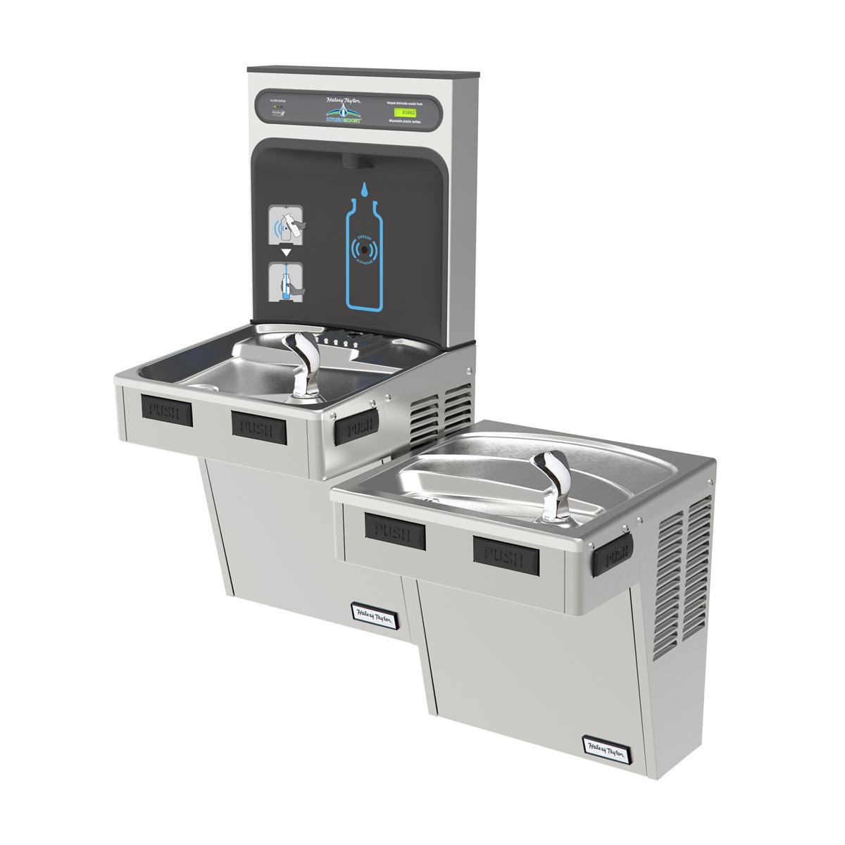 Stainless steel bi-level water cooler with upper bottle filling station and lower drinking fountain, featuring digital contro