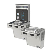 Stainless steel bi-level water cooler with upper bottle filling station and lower drinking fountain, featuring digital contro