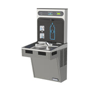Elkay Halsey Taylor stainless steel water cooler and bottle filling station with digital display panel and drinking fountain.