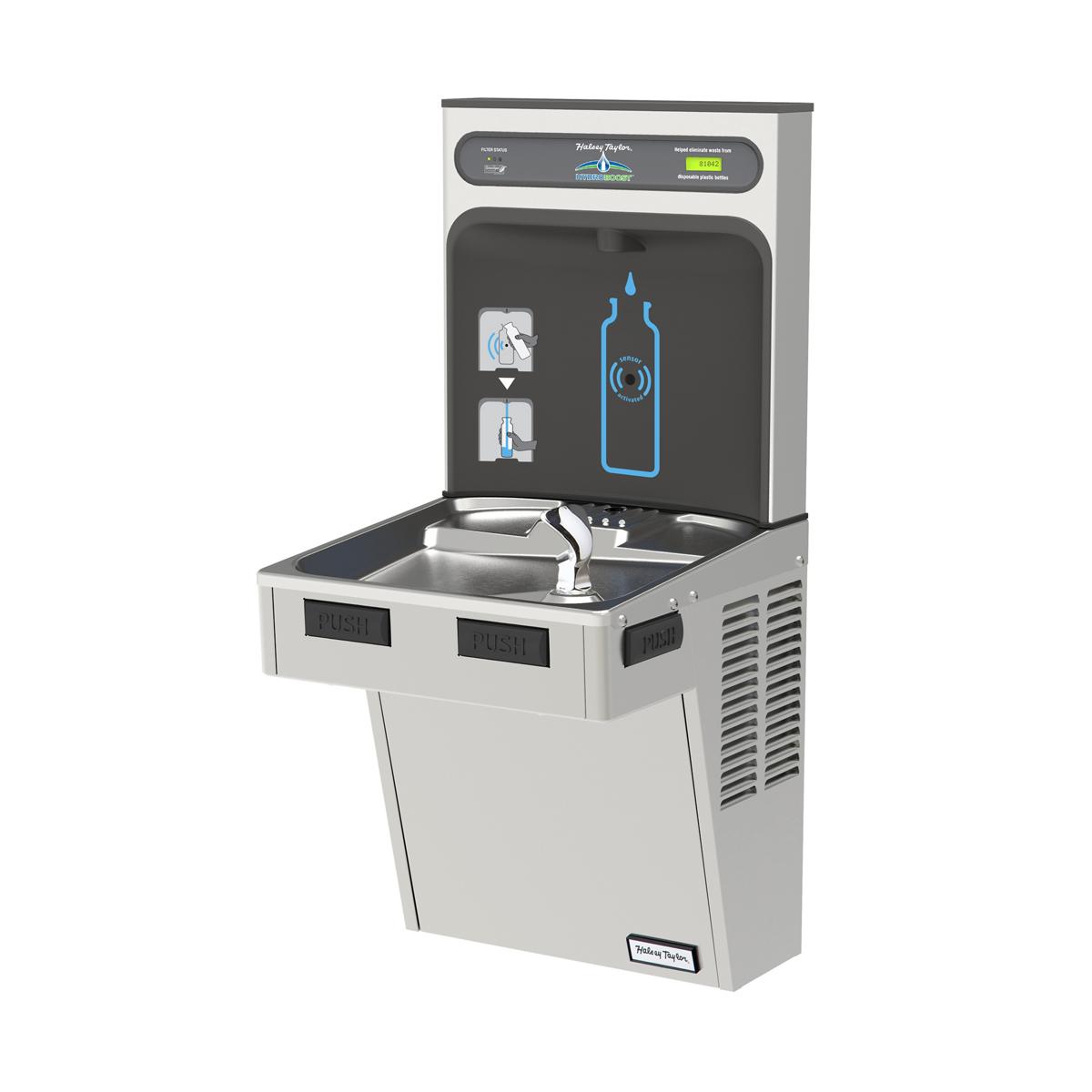 Stainless steel water cooler with bottle filling station and drinking fountain basin, featuring digital display and refrigera