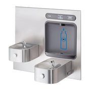 Stainless steel dual-level drinking fountain with upper bottle filling station and lower drinking basin, mounted on white wal
