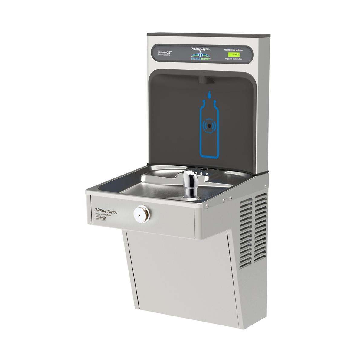 Stainless steel water cooler with bottle filling station, digital display panel, and chrome fountain spout mounted on front b