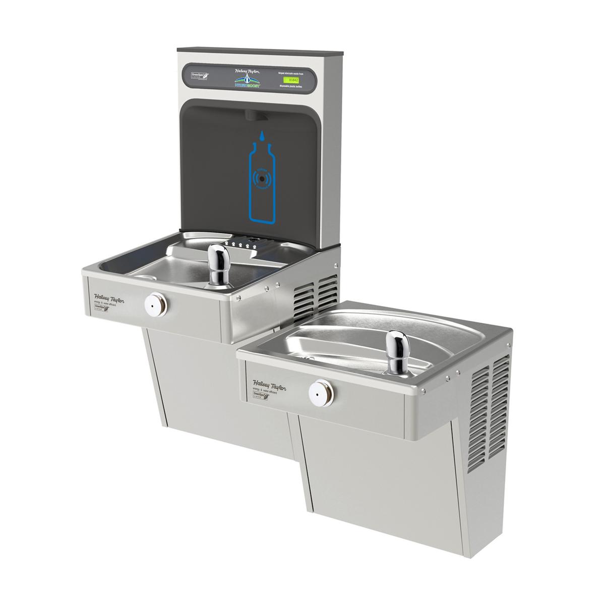 Stainless steel bi-level water cooler and bottle filling station with upper digital display and two drinking fountains at dif