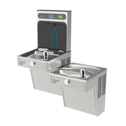 Stainless steel water cooler with upper bottle filling station and lower drinking fountain in bi-level configuration.