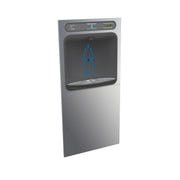 Stainless steel wall-mounted bottle filling station with dark face panel, control buttons at top, and bottle icon display.