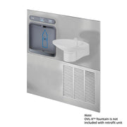 Stainless steel wall-mounted bottle filling station with bottle icon display on left side and white drinking fountain basin o