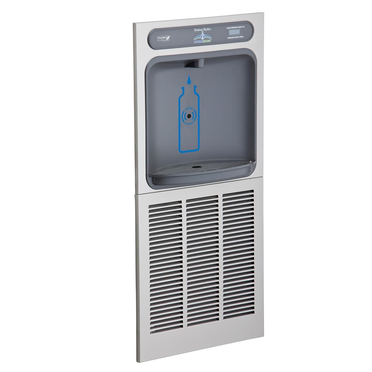 Stainless steel in-wall bottle filling station with refrigerated chamber, control panel at top, and ventilation grilles at bo