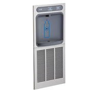 Stainless steel in-wall bottle filling station with refrigerated chamber, control panel at top, and ventilation grilles at bo