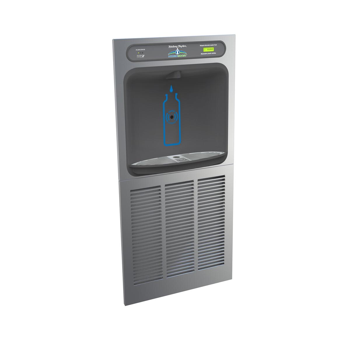 Stainless steel wall-mounted bottle filling station with refrigeration unit, control panel, and bottle graphic display.