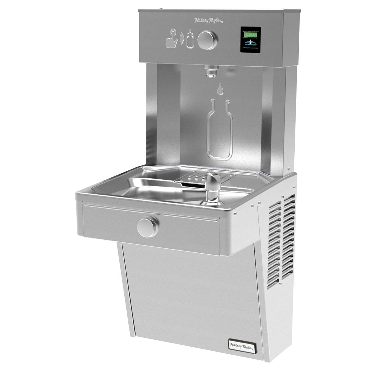 Stainless steel water filling station with bottle dispenser opening, digital display panel, and drinking glass on basin count