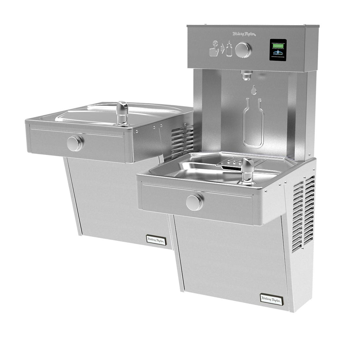 Stainless steel dual-level water station with bottle filling spout on upper unit and drinking fountain basin on lower unit.