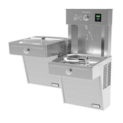 Stainless steel bi-level water cooler and bottle filling station with digital display and dual drinking fountains.