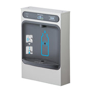 Elkay Halsey Taylor HydroBoost wall-mounted water bottle filling station with gray and white exterior and dark gray front pan