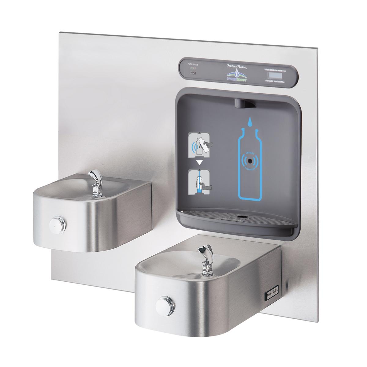 Stainless steel wall-mounted water fountain with upper bottle filling station and lower drinking fountain, featuring digital 