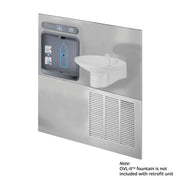 Stainless steel wall-mounted water fountain with bottle filling station on left side and white drinking fountain basin on rig